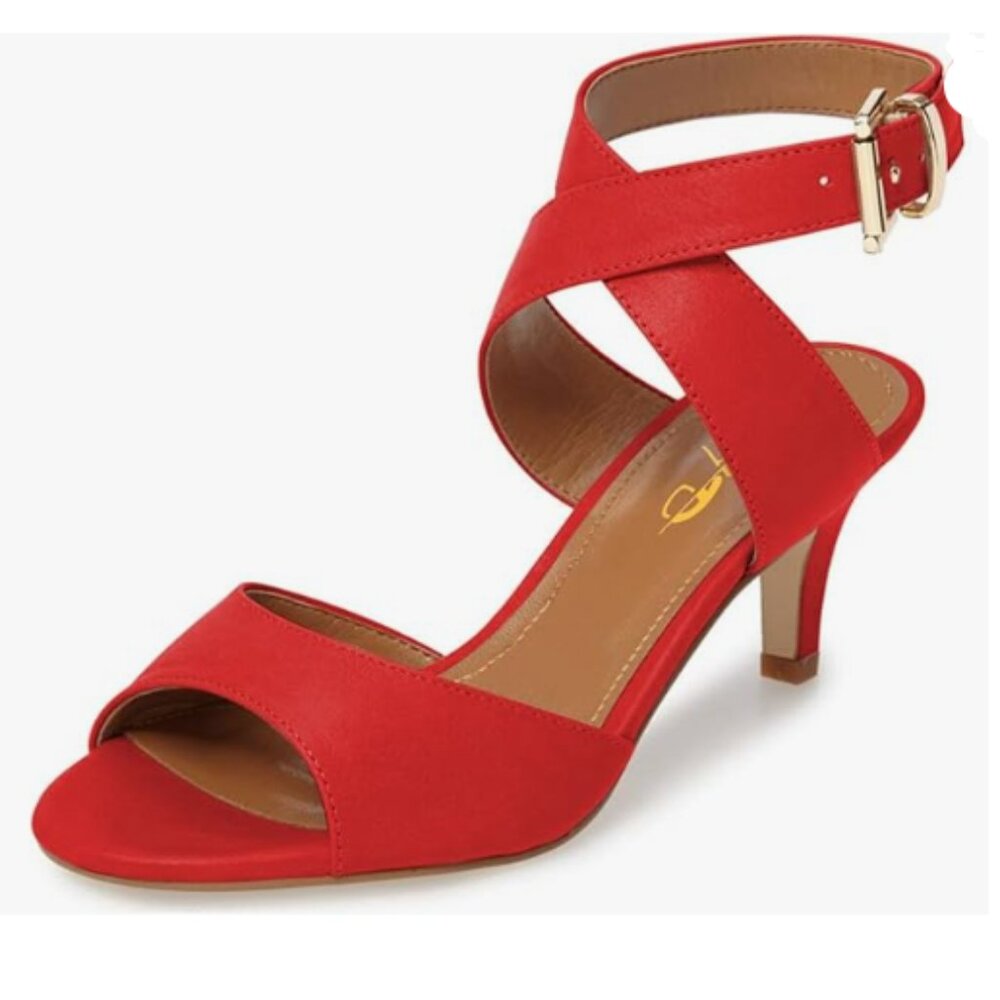 XYD Red High Heel Slingback Sandal Open Toe Buckled Cross Ankle Strap Dress Shoe